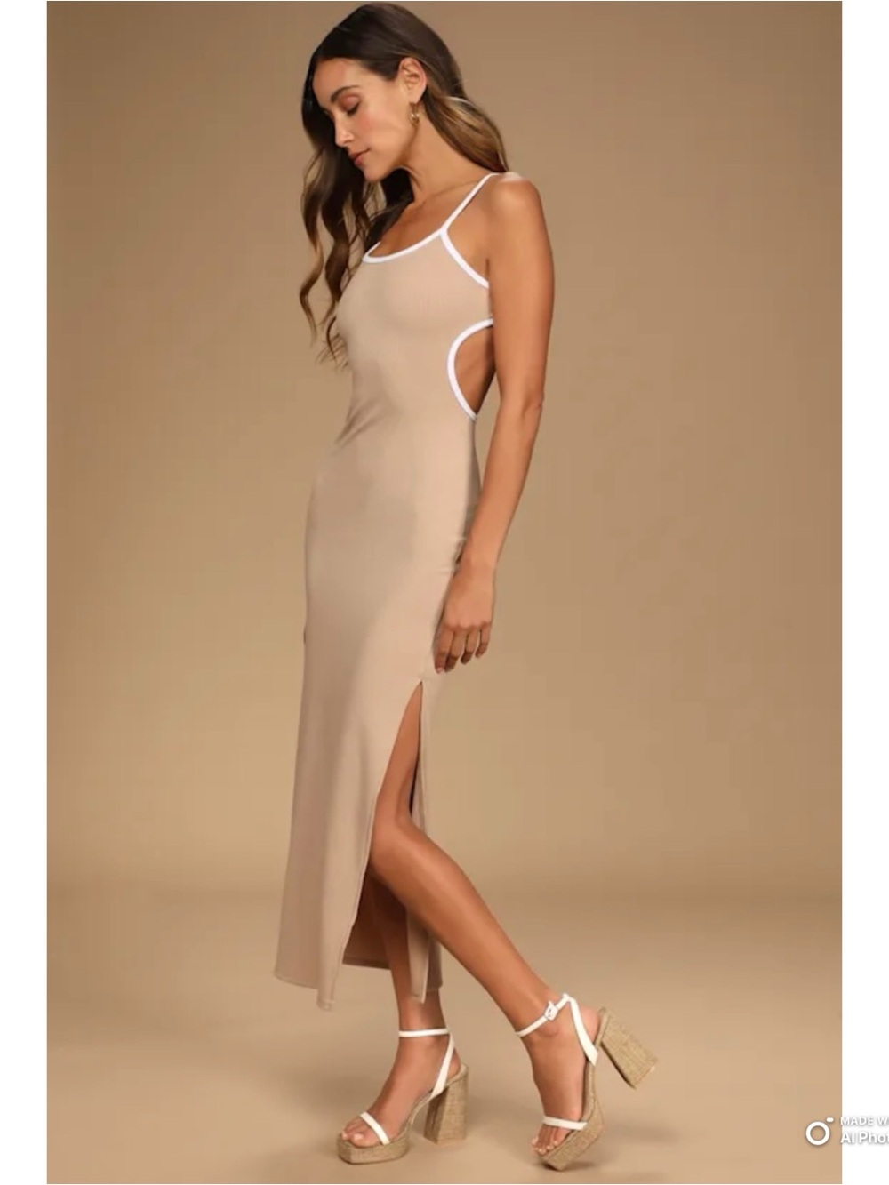 Lulus Medium Something About Her Beige Color Block Ribbed Backless Midi Dress - Picture 7 of 14